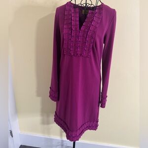 Nicole Miller Long Sleeve Shift Dress with Ruffle Detailing in Pink Size Small